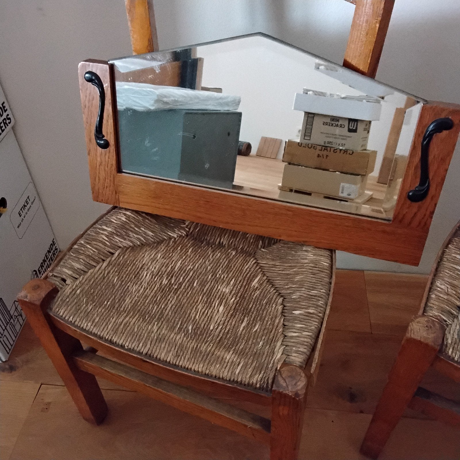 Adeco, wand spiegel,  geslepen glas, eiken 1920., Gebruikt, Ophalen of Verzenden, Minder dan 100 cm, Rechthoekig