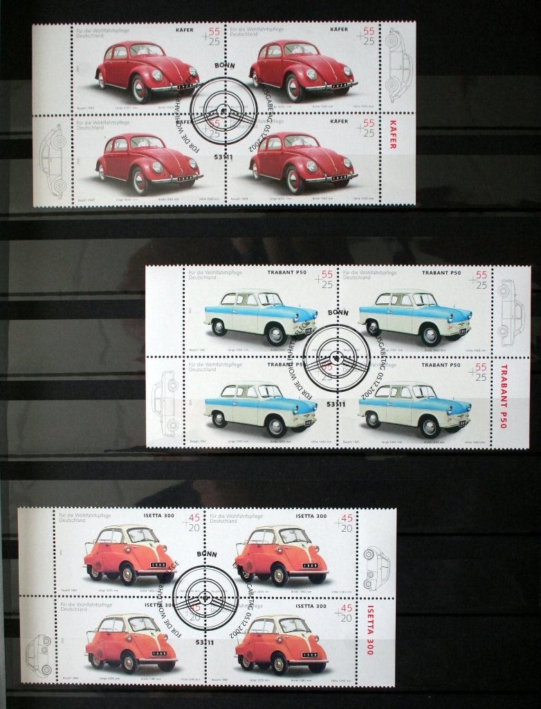 5 blokjes van 4 met Duitse auto's (Eerste Dagstempel), Ophalen of Verzenden, Gestempeld, Auto's