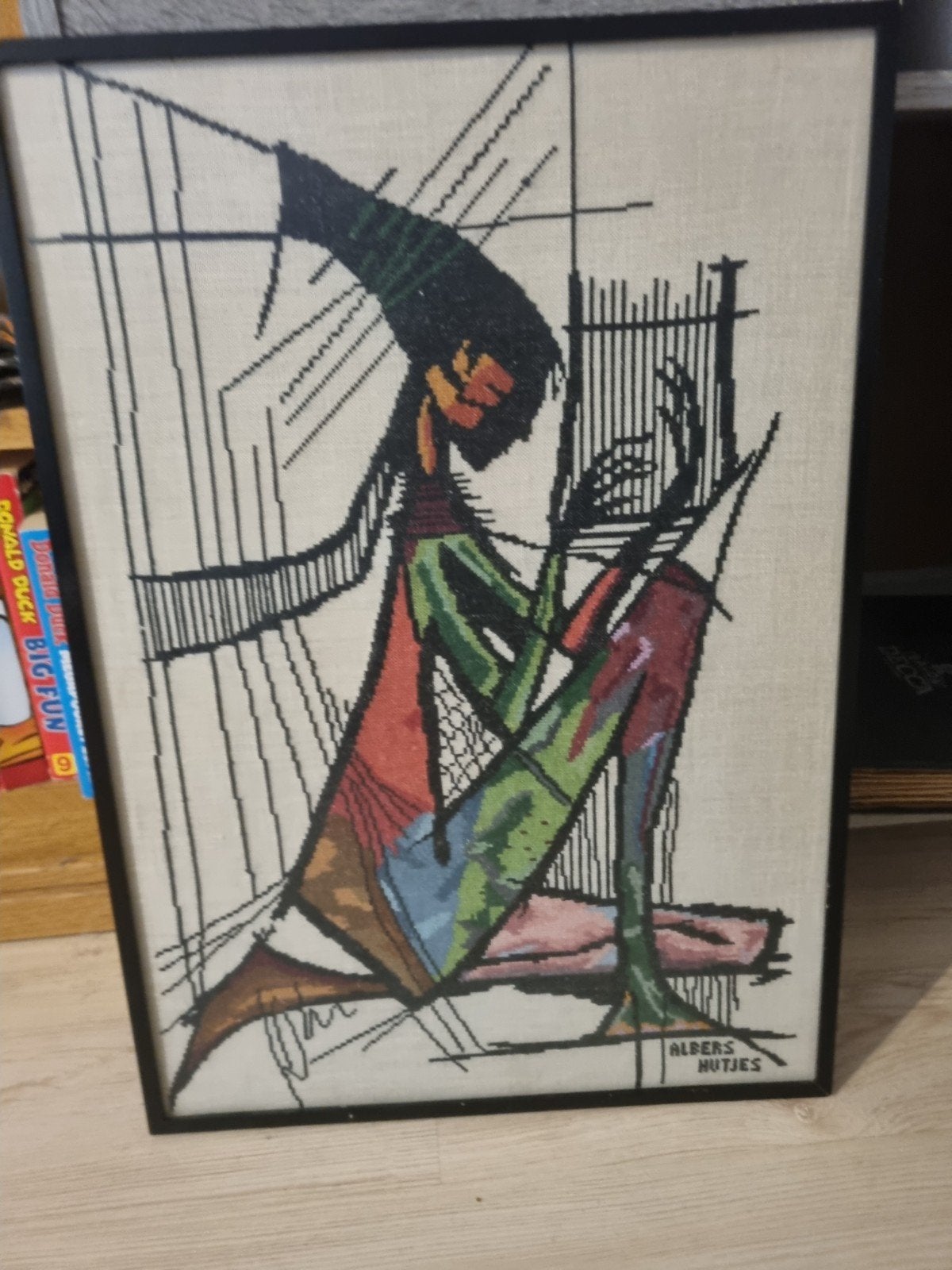 Geborduurd schilderij 'Albers Hutjes' - Abstract figuur, Figuren, Ingelijst, Ophalen of Verzenden, Overige technieken