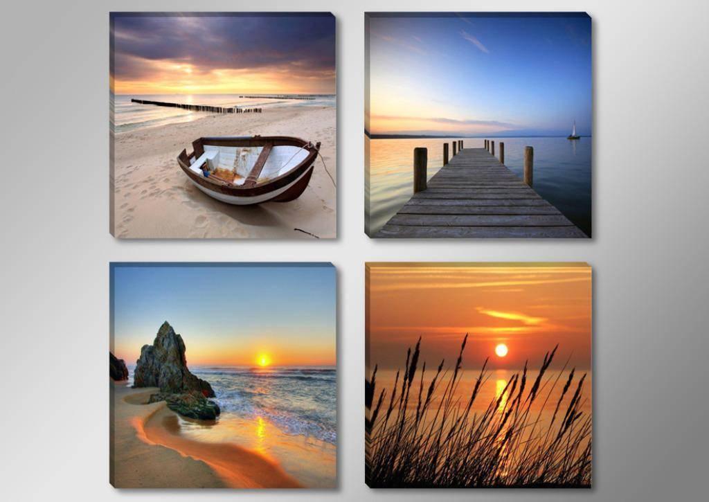 Nieuw 4 Delen van Canvas Boot Sunset Steiger 30x30cm, Minder dan 50 cm, Nieuw, Ophalen of Verzenden, Schilderij