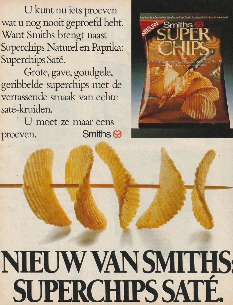 retro reclame 1986 Smiths chips Superchips saté, Verzenden, Overige typen