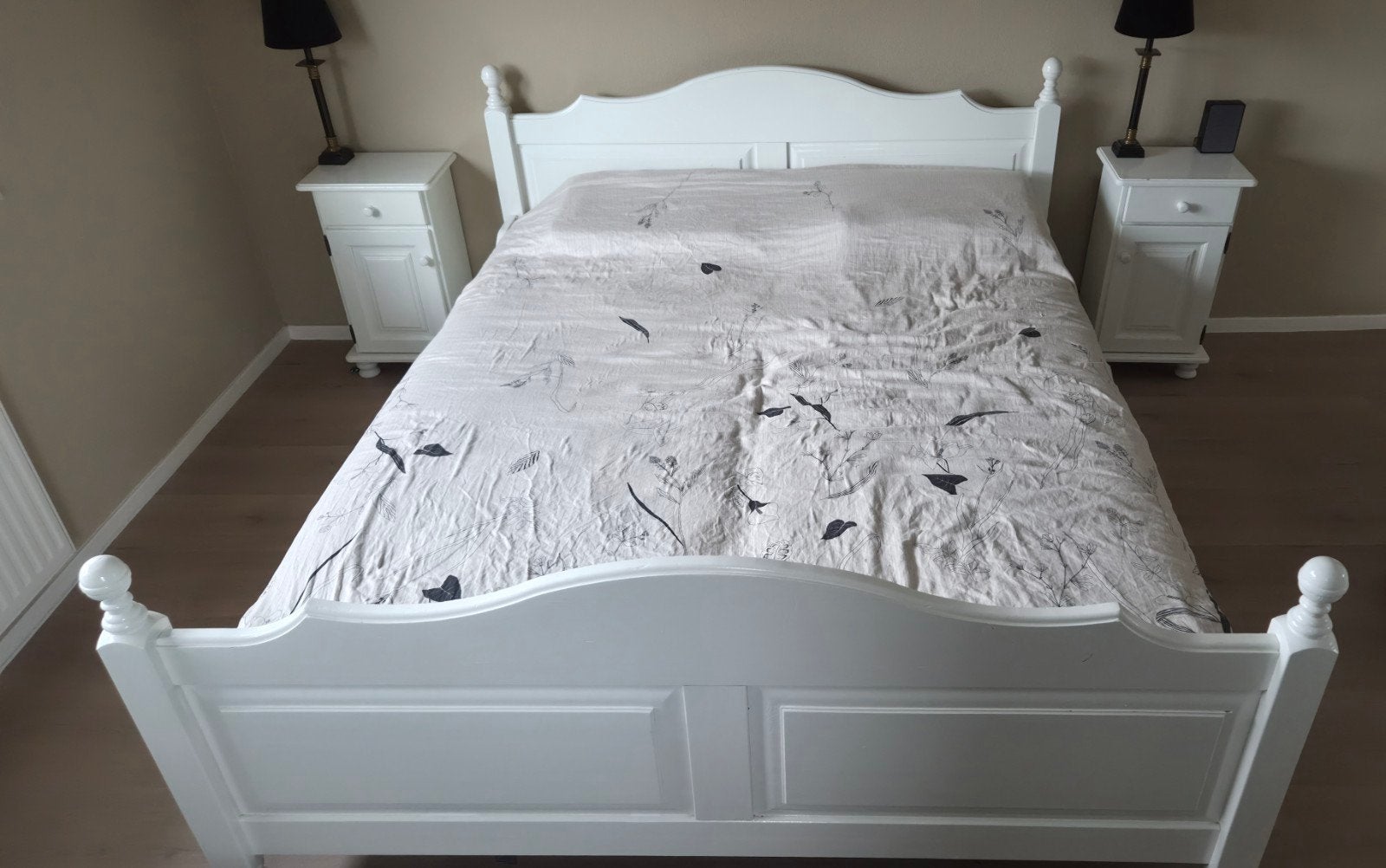 Wit eiken tweepersoonsbed 160x200cm  met nachtkastjes, Wit, Tweepersoons, Ophalen of Verzenden, Zo goed als nieuw