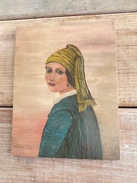 Naief schilderij op paneel. Variatie op Meisje met de Parel., Antiek en Kunst, Kunst | Schilderijen | Modern, Ophalen