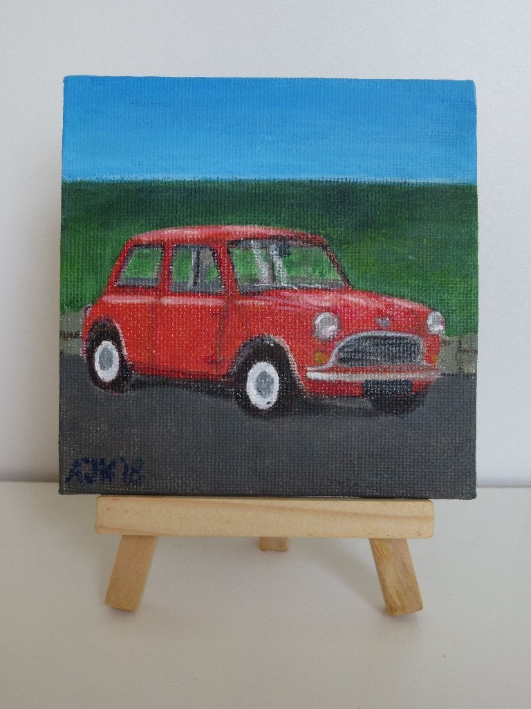 Leuk klein schilderij: Mini Cooper, acrylverf, 10 x 10 cm, Voertuigen, Acrylverf, Hout, Ophangklaar