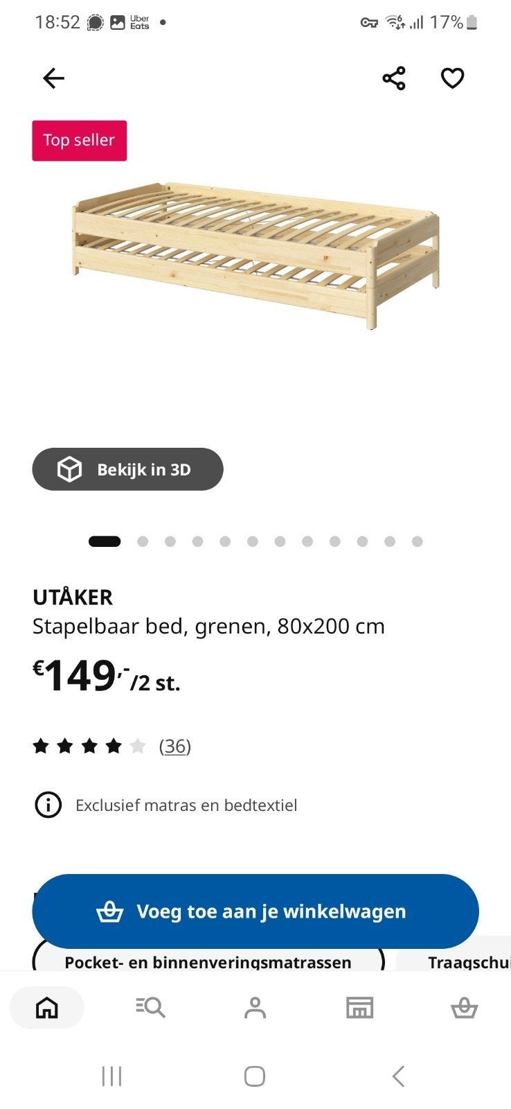 IKEA UTÅKER Stapelbaar bed, grenen, 80x200 cm x2, Ophalen, Gebruikt, Eenpersoons, Minder dan 160 cm