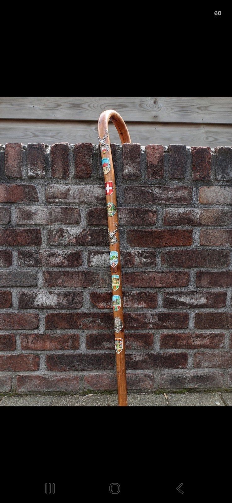 Oude houten wandelstok met verzamelstickers – vintageMooie v, Ophalen of Verzenden