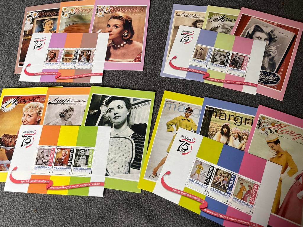 4 sets Margriet 75 jaar jubileum kaarten met postzegels, Postzegels en Munten, Ophalen of Verzenden, Na 1940, Postfris