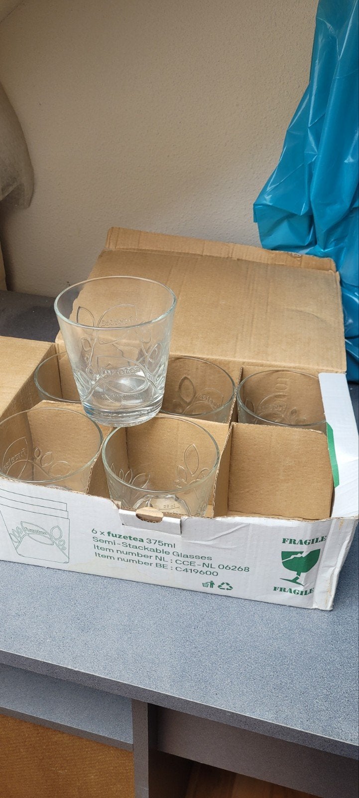 6 Fuzetea glazen, 375ml, semi-stapelbaar, Ophalen, Nieuw, Glas