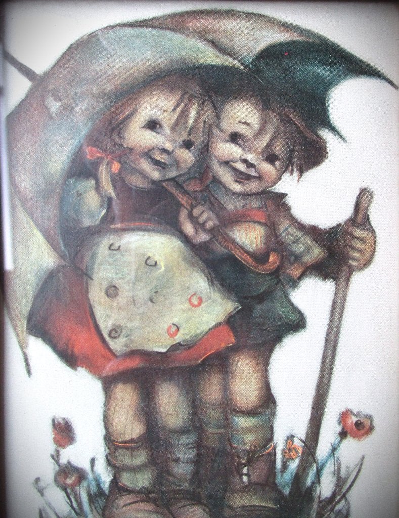 Hummel~Paraplu~Jongen meisje~jrn 50~Houten Lijst, Gebruikt, Overige merken, Ophalen of Verzenden, Wanddecoratie