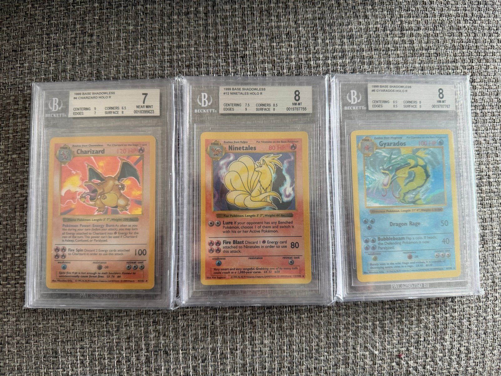 BGS shadowless Charizard, Ninetales, Gyarados, Ophalen of Verzenden, Zo goed als nieuw, Meerdere kaarten