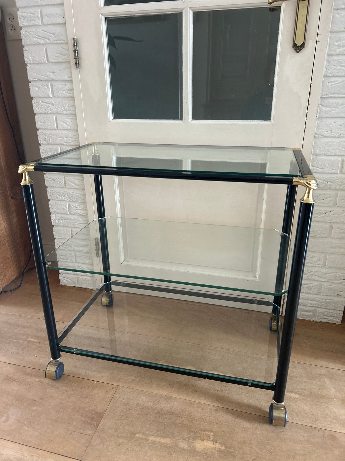Bontempi serveerwagen glas metaal messing 72x75x45cm, Huis en Inrichting, Tafels | Bijzettafels, Ophalen, Gebruikt, Glas, 75 cm of meer