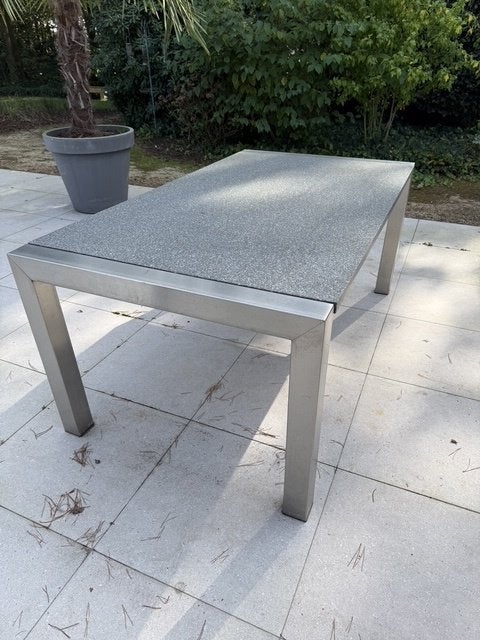 RVS tuintafel met dik granieten blad (evt met 6 stoelen), Ophalen, Gebruikt, Rechthoekig, Rvs