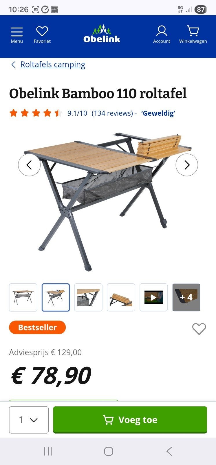 Obelink Bamboo 110 Roltafel - Campingtafel, Caravans en Kamperen, Ophalen