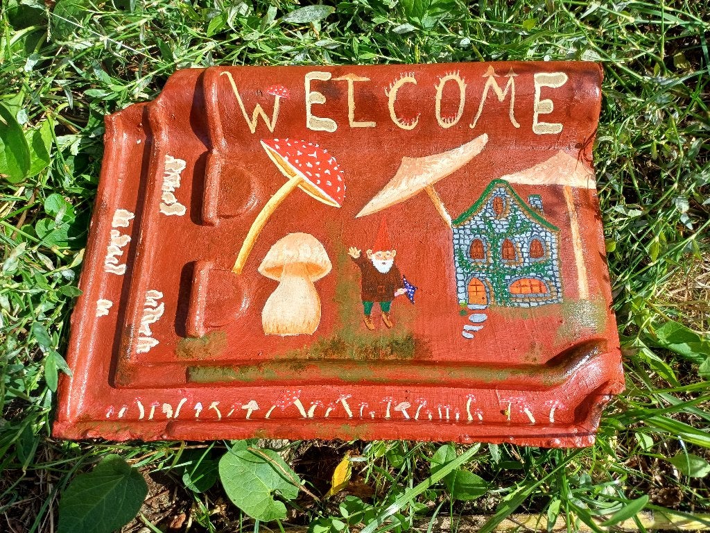 Gezellig Welkombord met paddenstoel en kabouter landschap, Tuin en Terras, Steen, Nieuw, Ophalen of Verzenden, Earoko.art@gmail.com