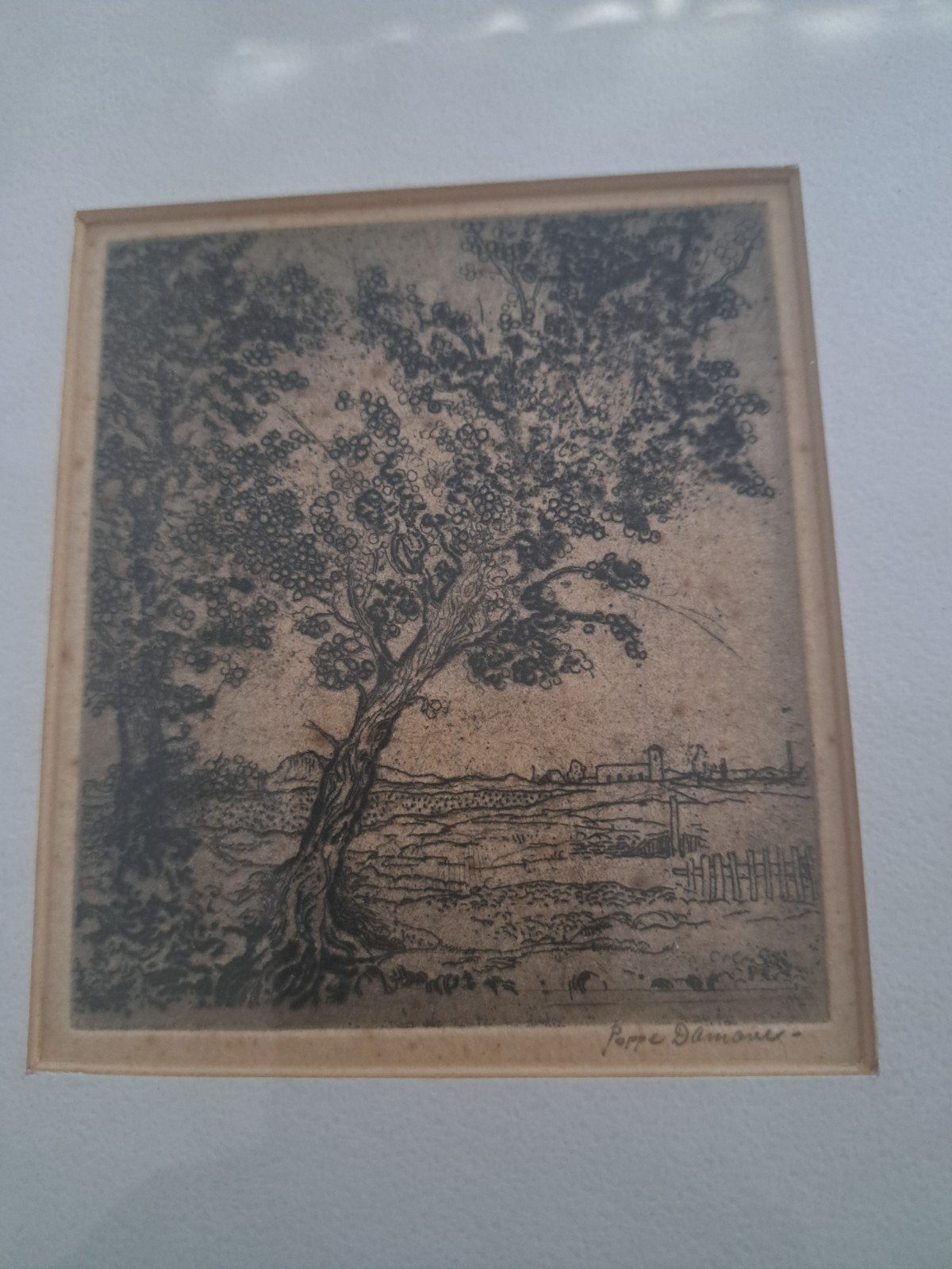 Antieke Ets 'Poppe Damave' - Landschap met boom, Ets, Ophalen of Verzenden, Gesigneerd, Landschap