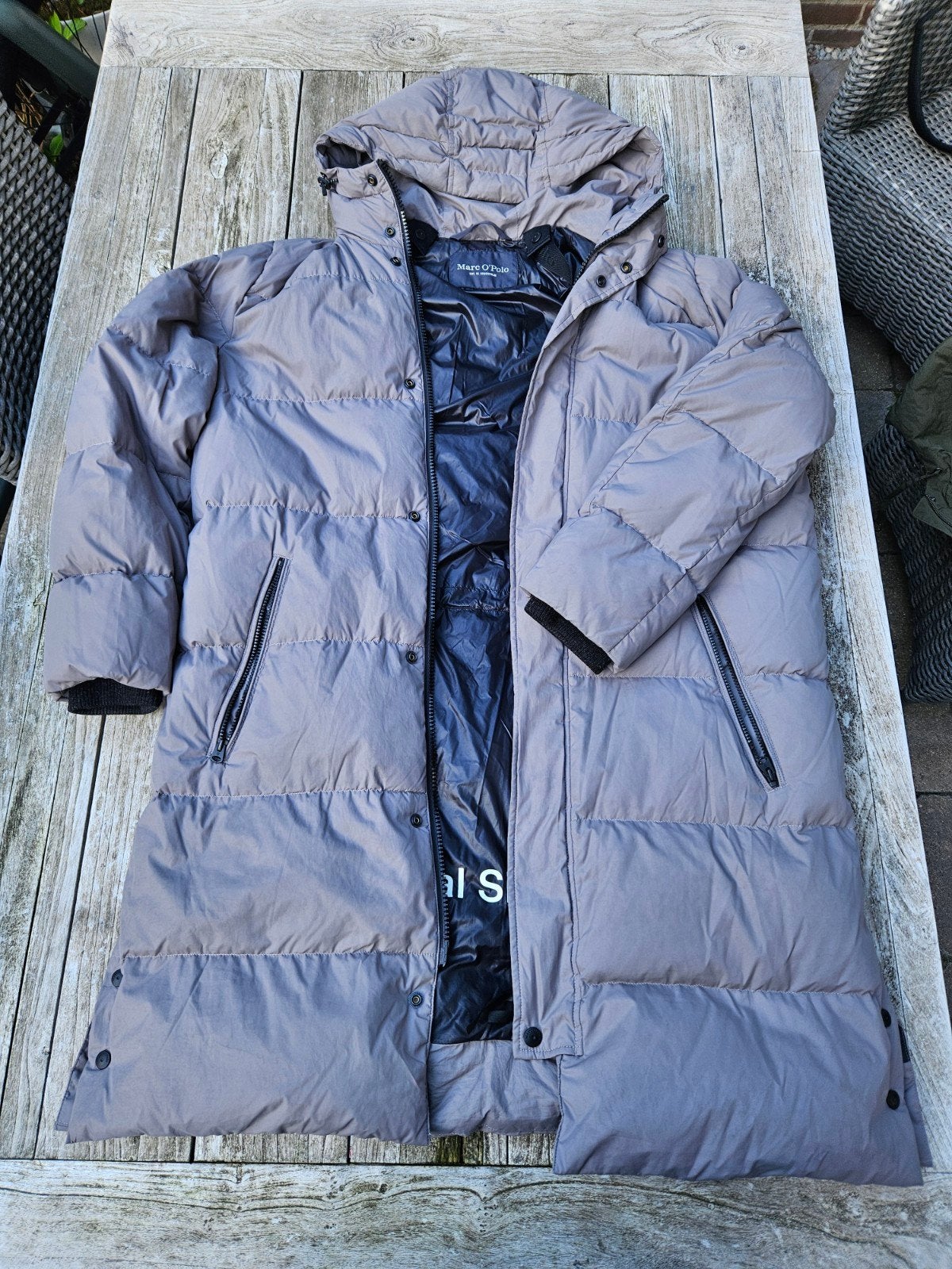 Lange grijze winterjas met donsvulling van Marc O'Polo XL, Kleding | Heren, Ophalen of Verzenden, Gedragen, Grijs
