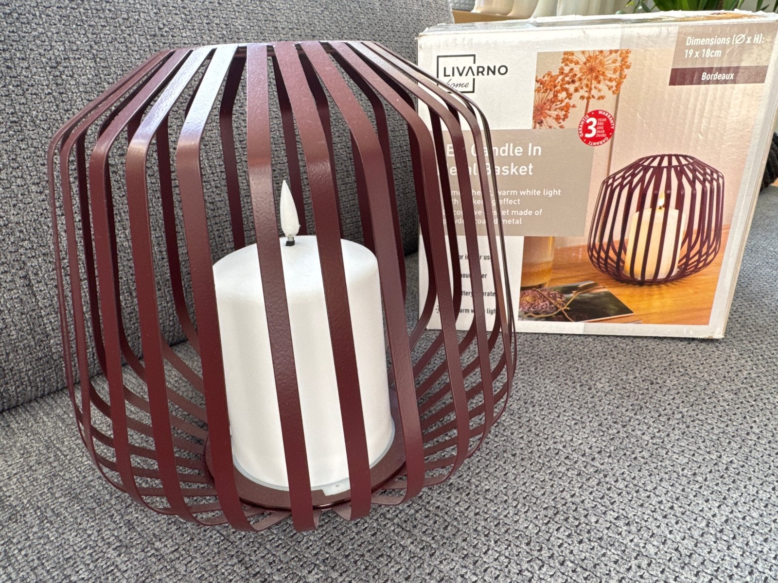 LIVARNO home LED Kaars in Metalen Mand Bordeaux, Lantaarn, Overige merken, Nieuw, Ophalen of Verzenden