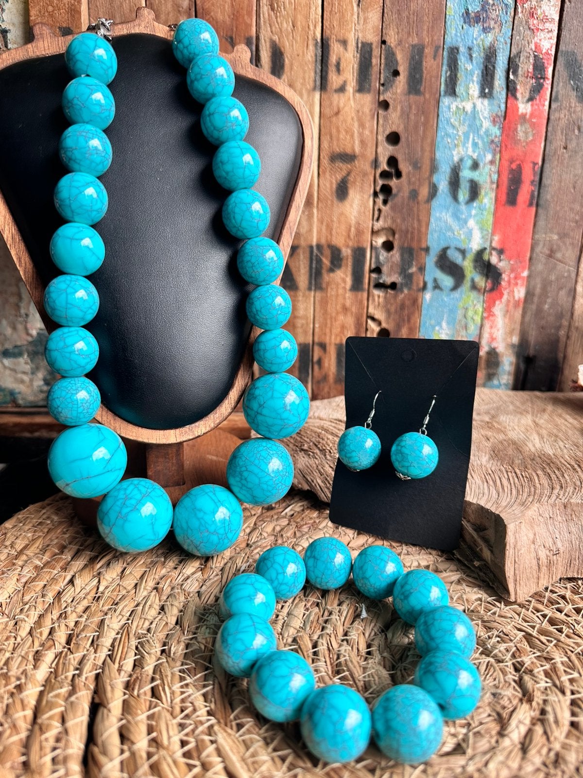Boho sieradenset / turquoise / chunky / ibiza / beachwear, Ophalen of Verzenden, Zo goed als nieuw, Overige materialen