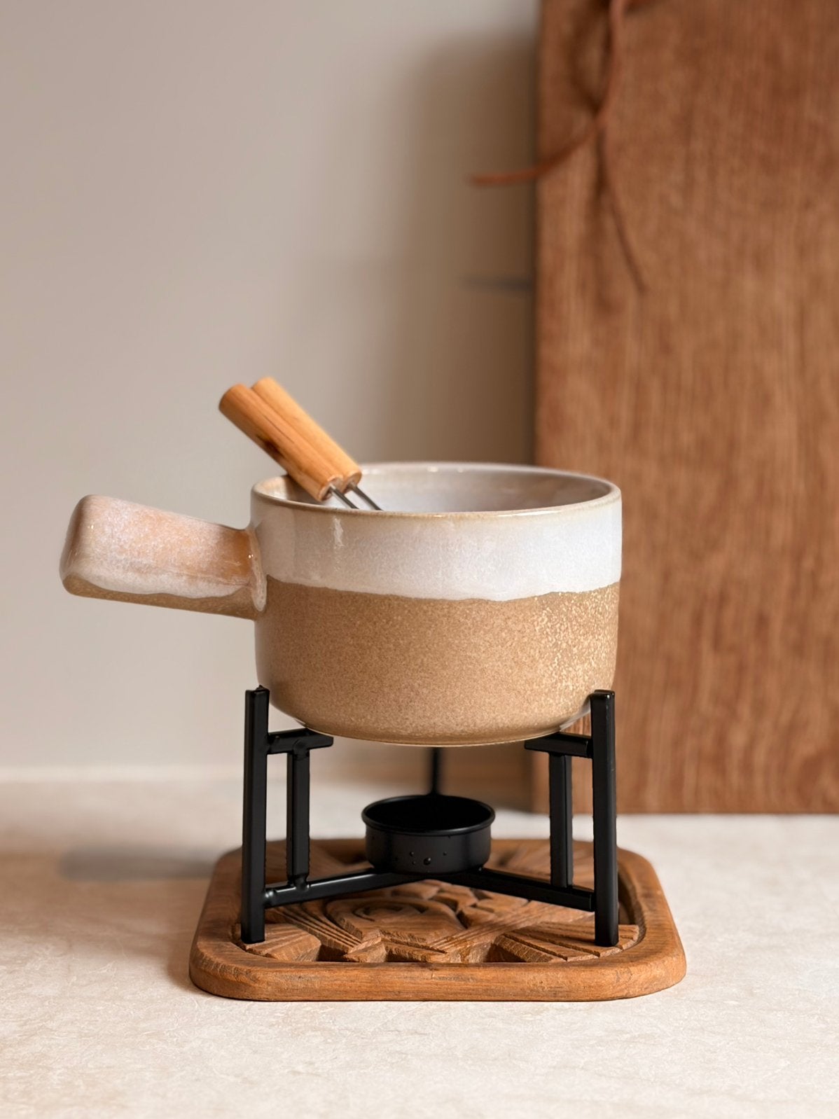 Fondue setje met unieke onderzetter, Witgoed en Apparatuur, Fonduesets, Ophalen, Zo goed als nieuw, Brander, Fondueset