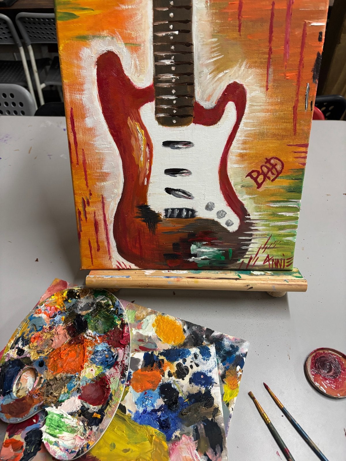 Handgeschilderd schilderij: Rode gitaar op canvas, Handgeschilderd, Ophalen of Verzenden, Olieverf, Muziek