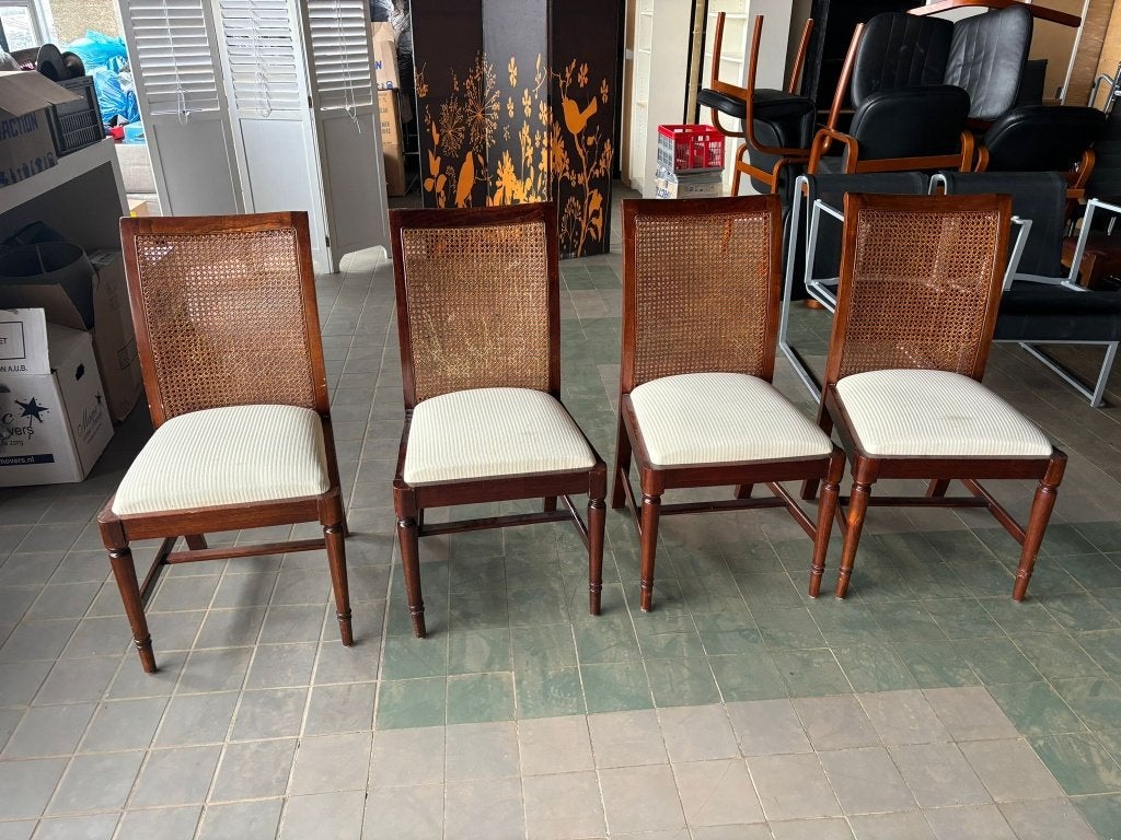 SET VAN 4 KLASSIEKE SATEL EETKAMERSTOELEN -  HOUT & WEBBING, Ophalen, KLASSIEK, Gebruikt, Bruin