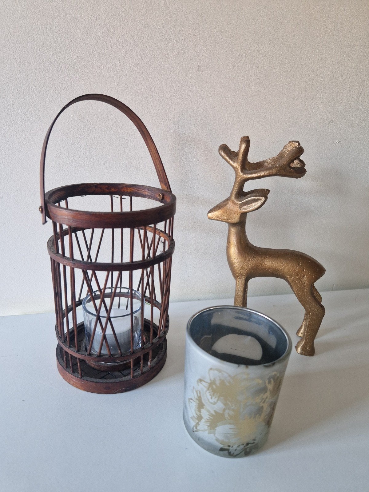 Decoratieve set: Lantaarn, Hert en Waxinelichthouder, Ophalen of Verzenden, Zo goed als nieuw, Hout, Bruin