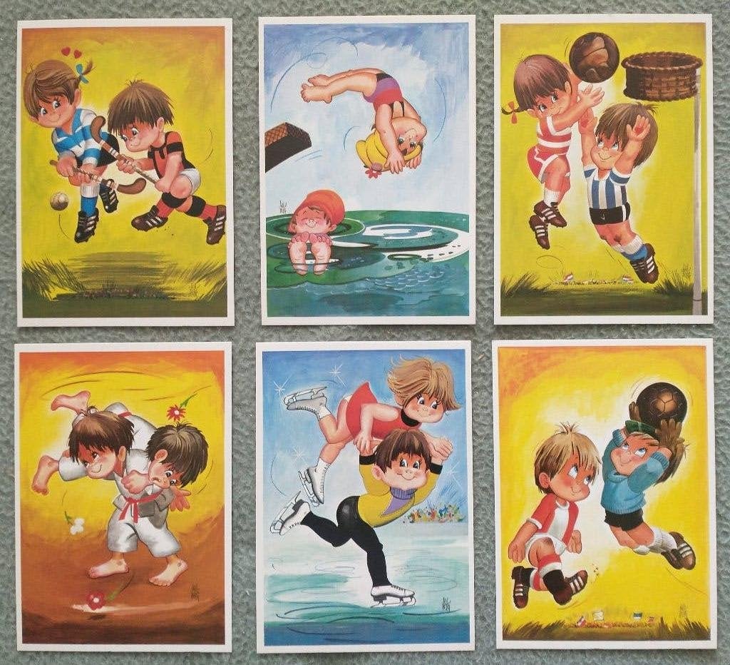 6 Oude prentbriefkaarten van Will Berg, Verzamelen, Ansichtkaarten | Themakaarten, Verzenden, 1960 tot 1980, Ongelopen, Sport en Spel