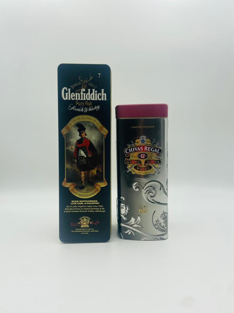 Lege whisky blikken: Glenfiddich en Chivas Regal, Ophalen of Verzenden, Gebruikt, Overige, Overige merken