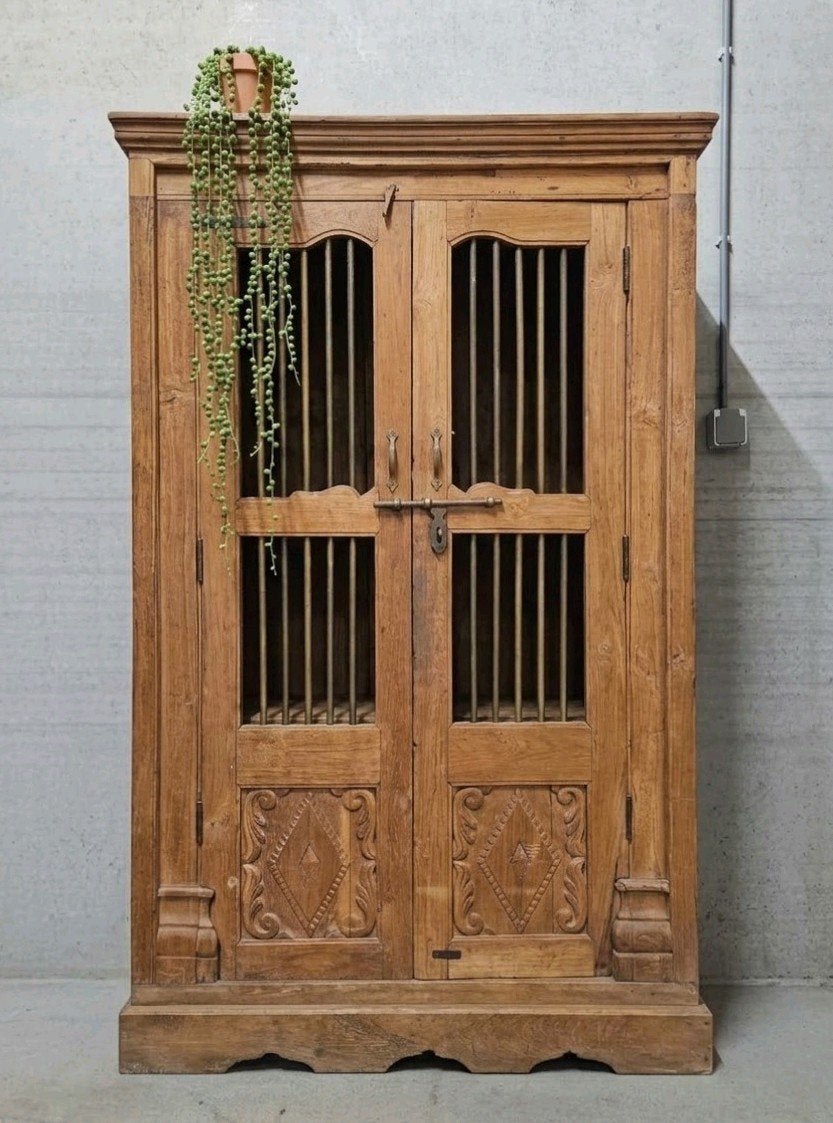 Antieke teakhouten XL authentieke spijlenkast vintage kast, Ophalen of Verzenden
