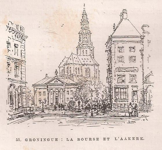 Groningen. La Bourse et L' Aakerk Houtgravure ca. 1880, Antiek en Kunst, Ophalen of Verzenden