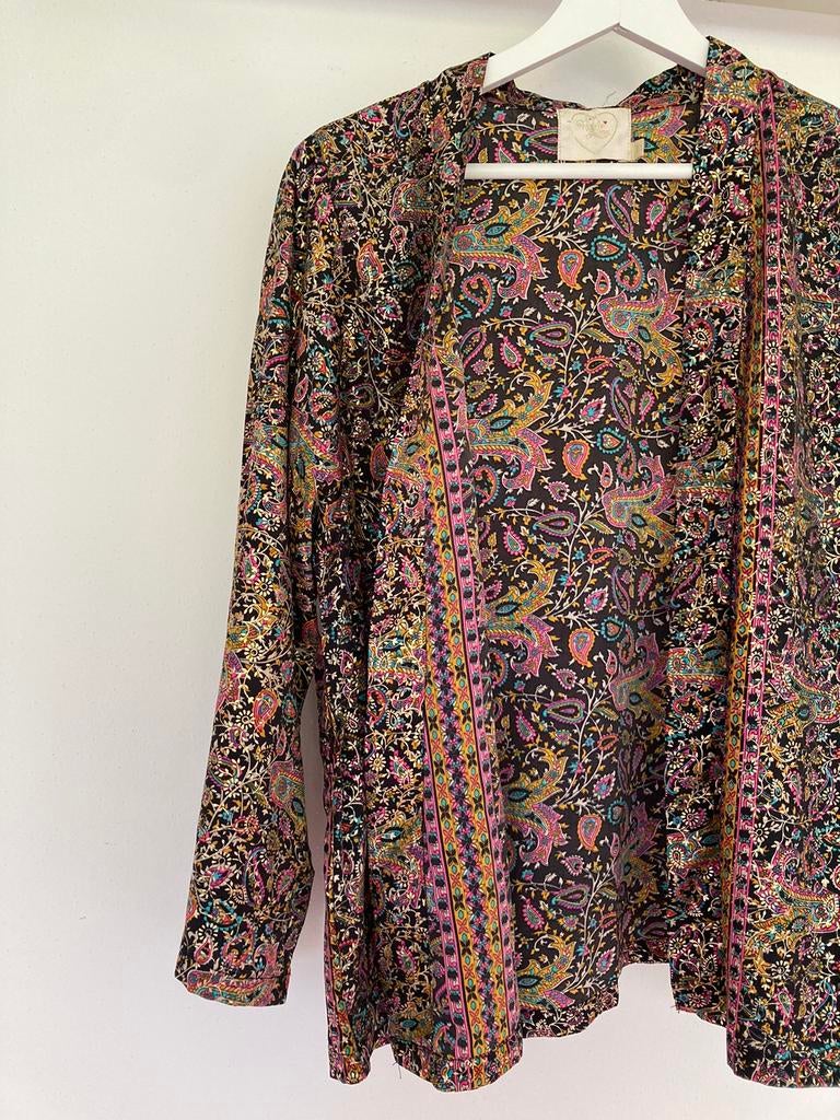 KIMONO blouse goud print Vintage S romy anna romy festival, Ophalen of Verzenden, Zo goed als nieuw, Zwart