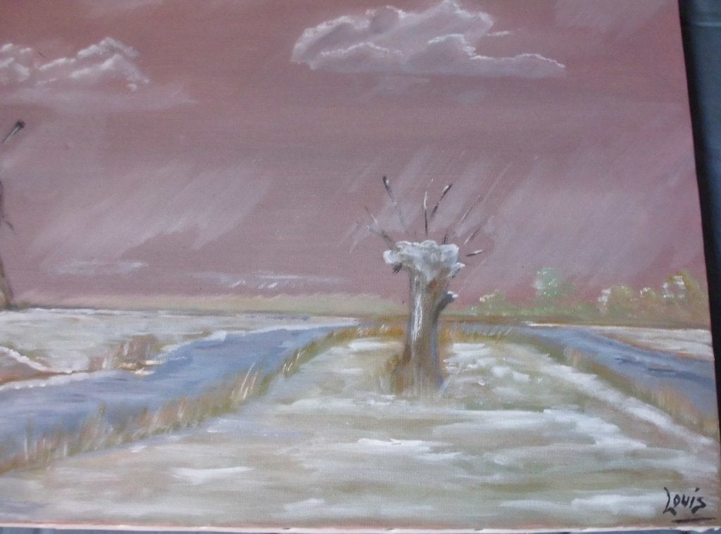 Hedendaags schilderij  sneeuw landschap ., Antiek en Kunst, Gesigneerd, Doek, Realistisch, Ophalen of Verzenden