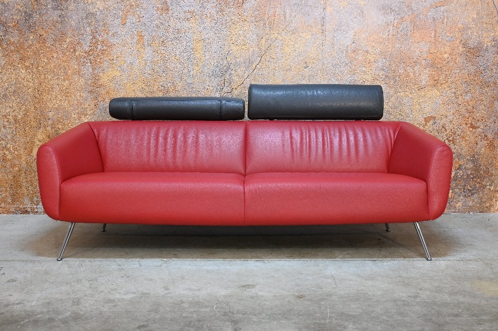 ZGANieuw Leolux Marabeau designbank in rood en grijs leer, Leolux, Leolux, Driepersoons, 75 tot 100 cm
