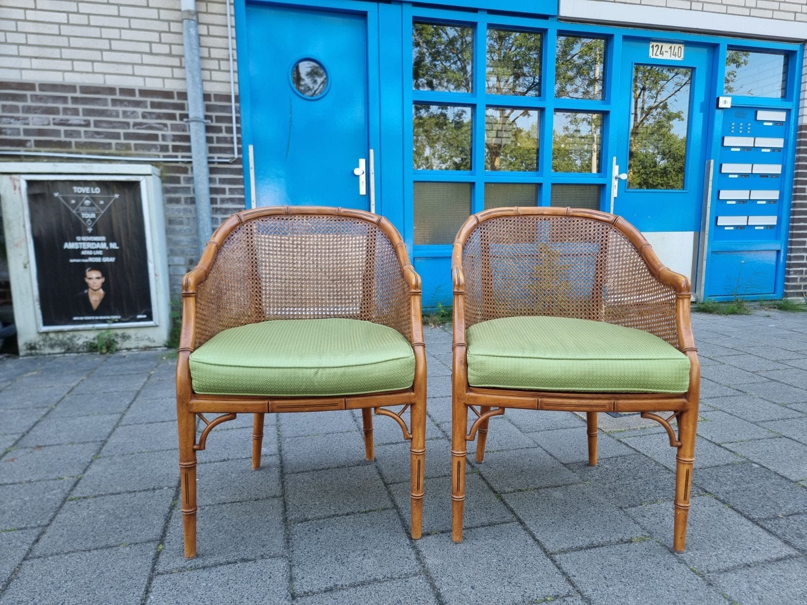 vintage faux bamboo fauteuils, Ophalen, Gebruikt, Bruin, Twee