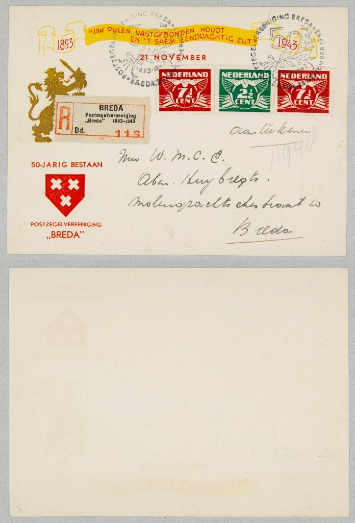 Briefkaart Nederland 1943 aangetekend rolzegels 379c, Ophalen of Verzenden, Envelop