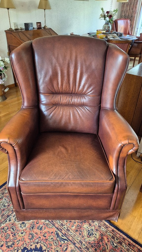 Leren heren oor fauteuil, Huis en Inrichting, Ophalen, Gebruikt, 75 tot 100 cm, Leer