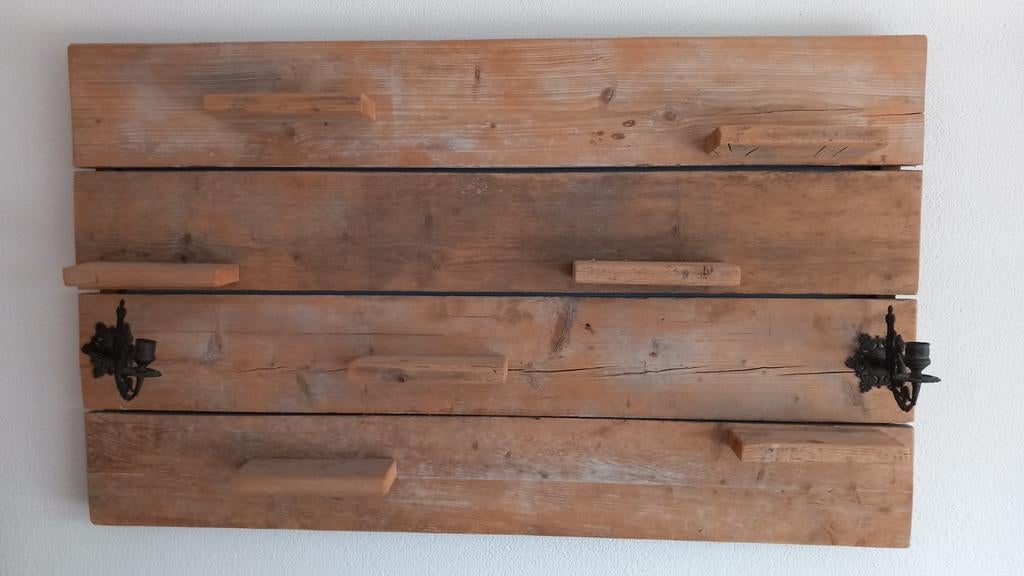 Uniek wandbord van steigerhout met kaarsenhouders, Huis en Inrichting, Woonaccessoires | Wanddecoraties, Gebruikt, Hout, Ophalen of Verzenden