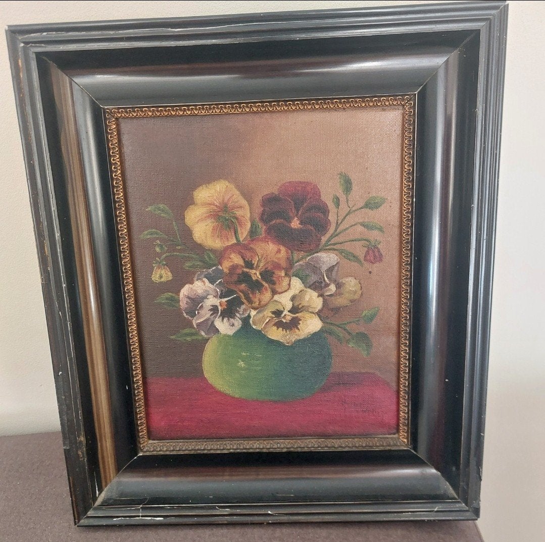Oud schilderijtje: Bloemen in vaas, gedateerd 1927, Antiek en Kunst, Paneel, Olieverf, Klassiek, Origineel werk