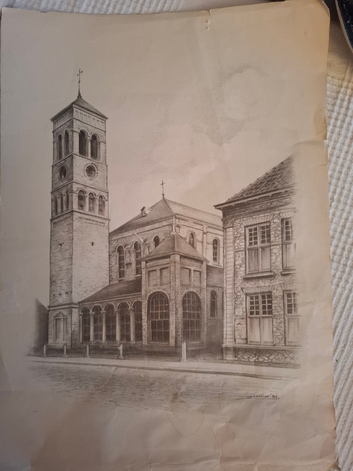 Tekening steentjes kerk Eindhoven, Antiek en Kunst, Kunst | Tekeningen en Foto's, Ophalen
