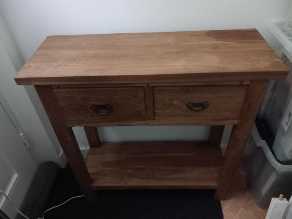 Teakhouten sidetable 80x29cm blad, 80cm hoog, 2 laden, Ophalen, Gebruikt, 50 tot 100 cm, Teakhout