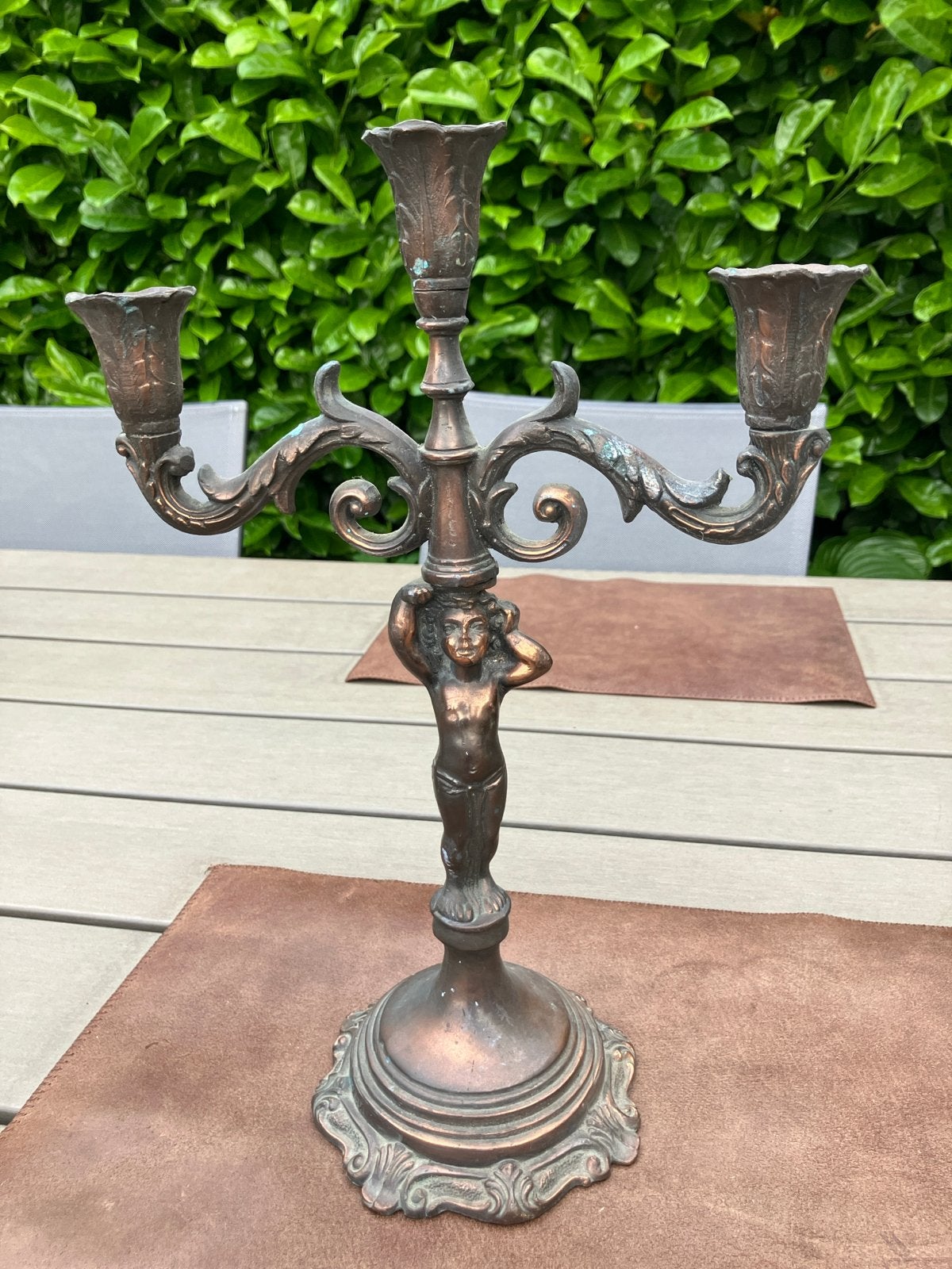 Antieke Bronzen Kandelaar met Cherubijn - 3-armig, Ophalen, Koper of Brons