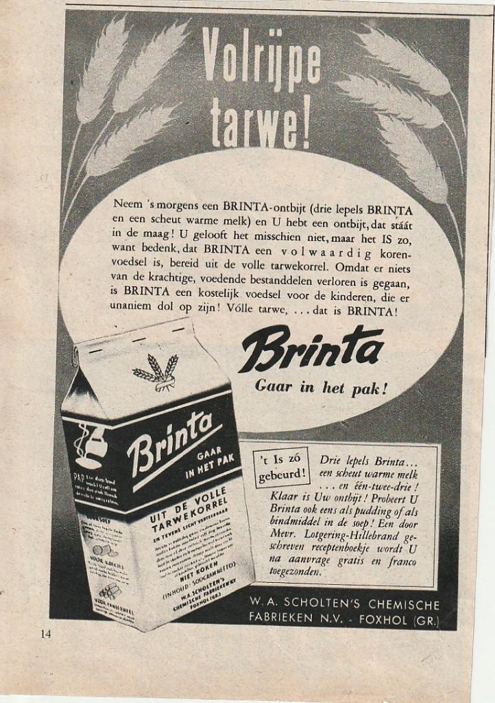 Retro reclame 1949 Brinta pap van volrijpe tarwe Foxhol, Verzamelen, Retro, Verzenden, Overige typen