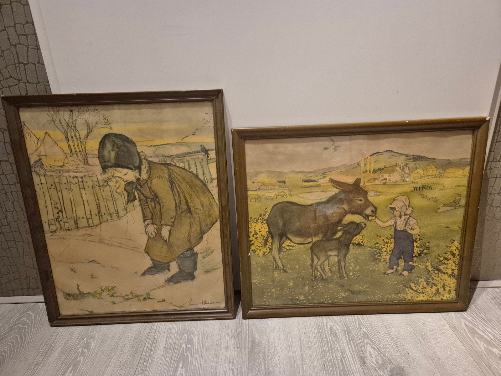 Set van 2 vintage ingelijste kinderprenten, Ophalen of Verzenden