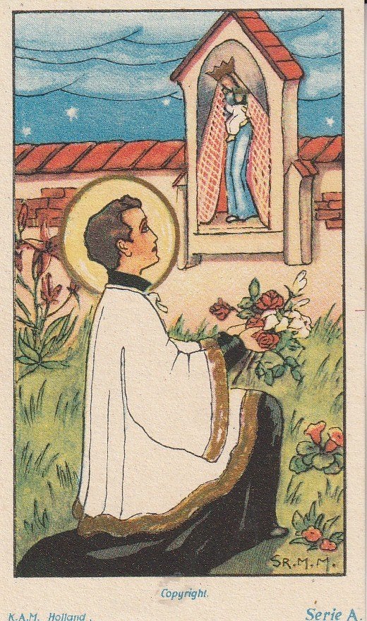 Oude prentje: Heilige knielend voor Maria, Ophalen of Verzenden, Gebruikt, Kaart of Prent, Christendom | Katholiek