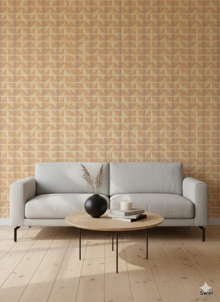 14131 retro grafisch vintage wallpaper oranje bruin swiet, Ophalen of Verzenden, Oranje