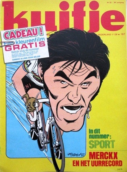 Strip Merckx  en het uurrecord - Kuifje 1975, Verzamelen, Ophalen of Verzenden, Zo goed als nieuw, Buitenlandse clubs, Boek of Tijdschrift