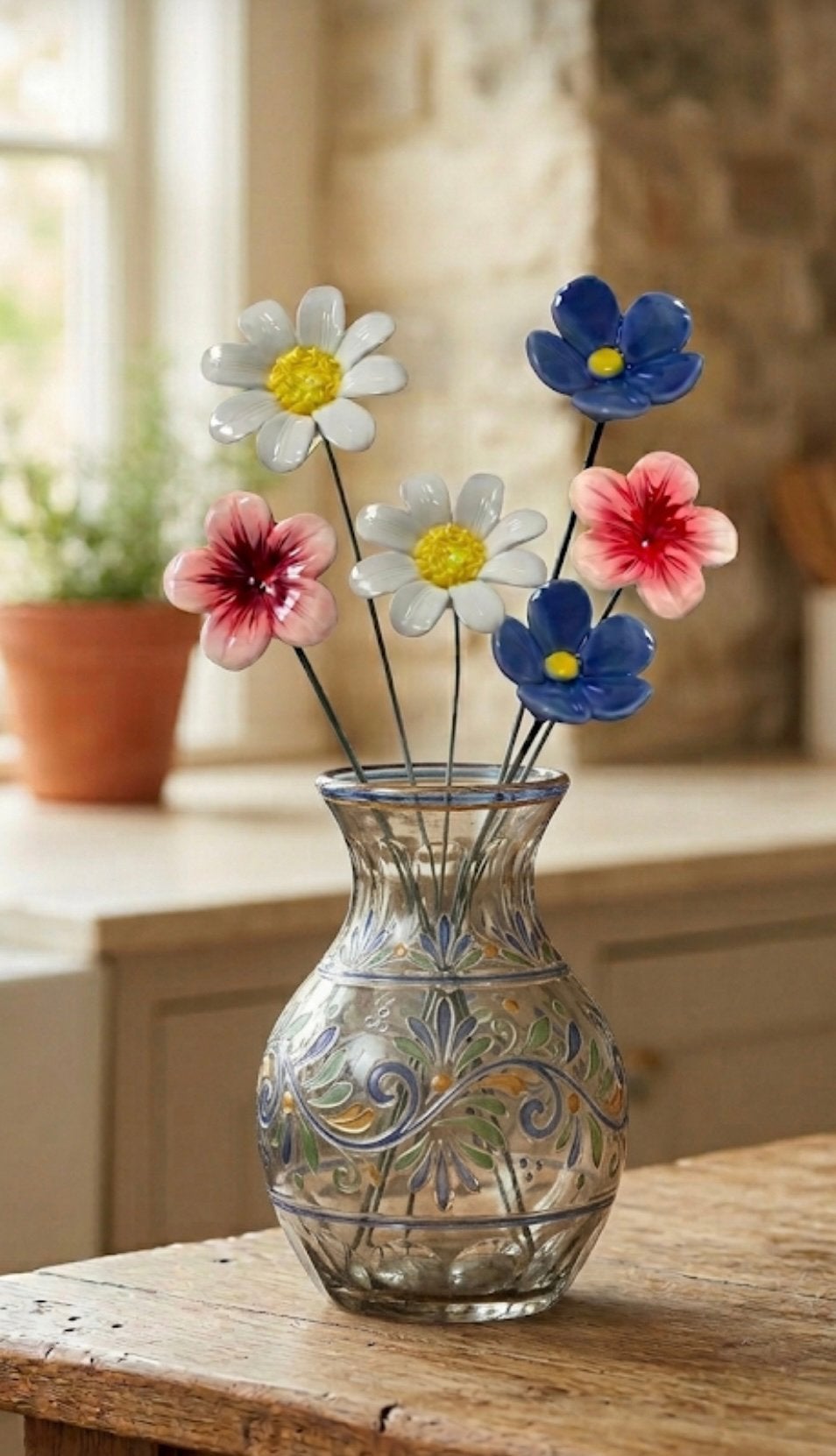 NIEUW !! Superleuk boeketje keramieken bloemen 6 stuks, Steen/keramiek, Ophalen of Verzenden, Nieuw