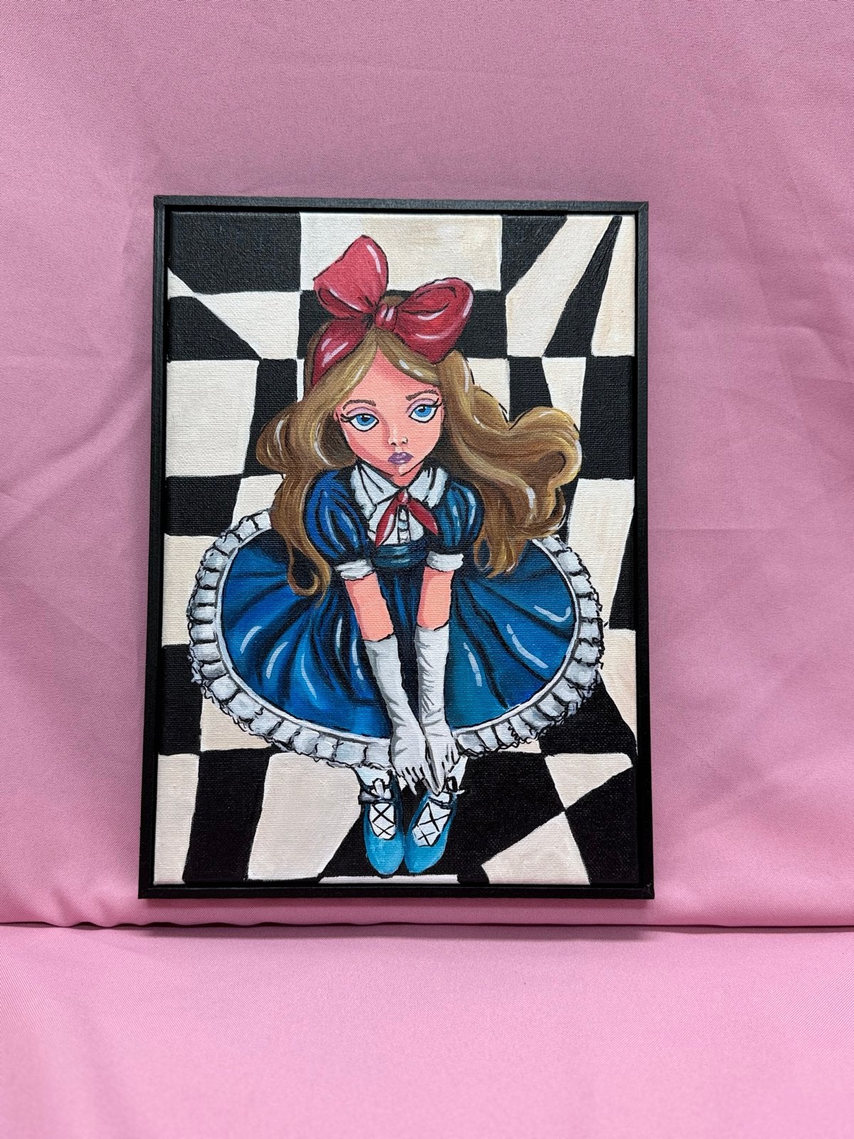 Schilderij Alice in Wonderland - 22x32cm, Handgeschilderd, Ophalen of Verzenden, Textiel, Figuren