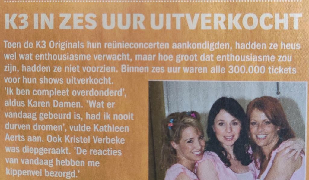 K3 Originals in zes uur uitverkocht Artikel Knipsel, Ophalen of Verzenden, 1980 tot heden, Nederland, Knipsel(s)