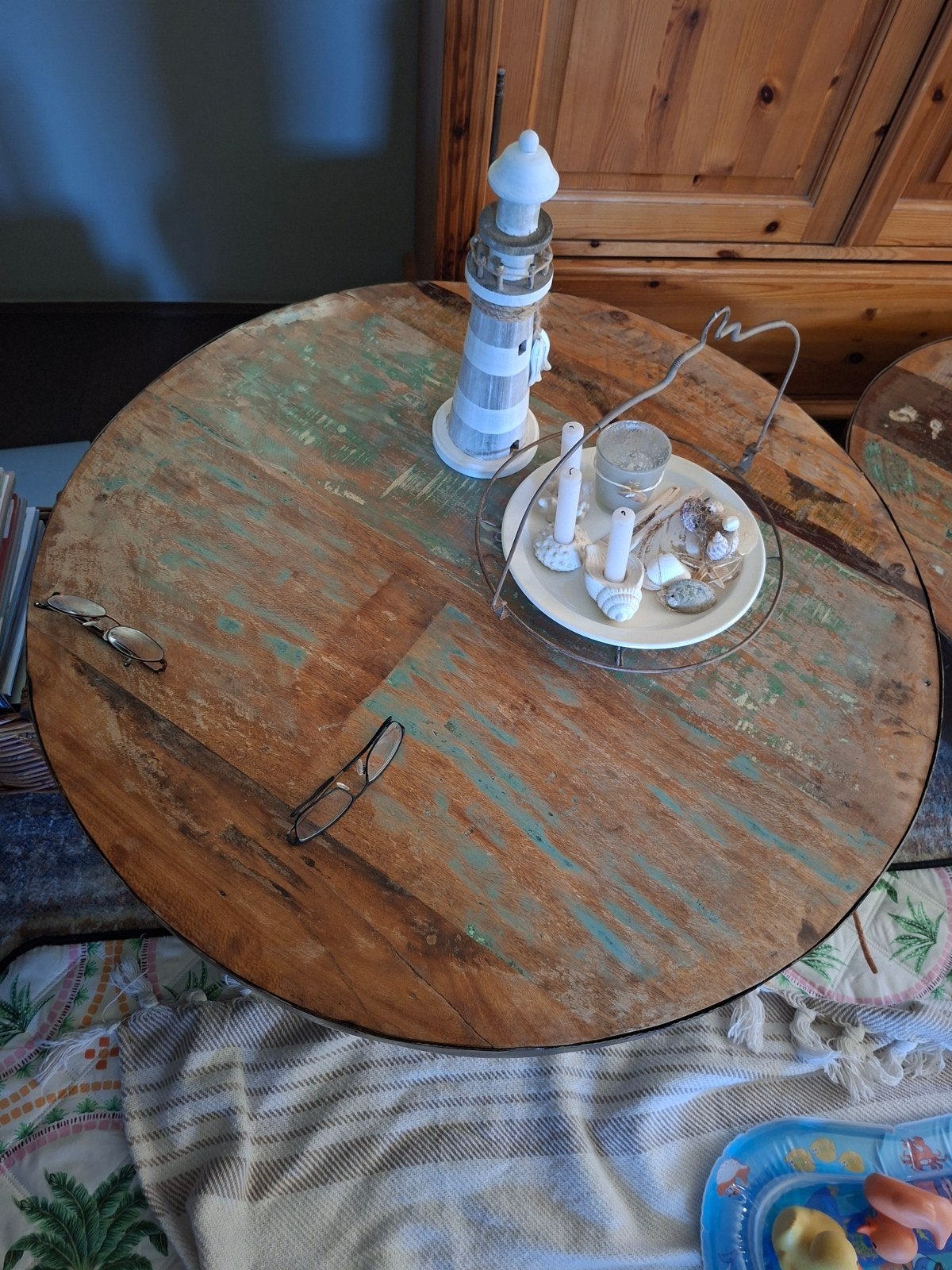 Set van 2 ronde bijzettafels van gerecycled hout, Huis en Inrichting, Tafels | Bijzettafels, Ophalen, Minder dan 45 cm, Gebruikt